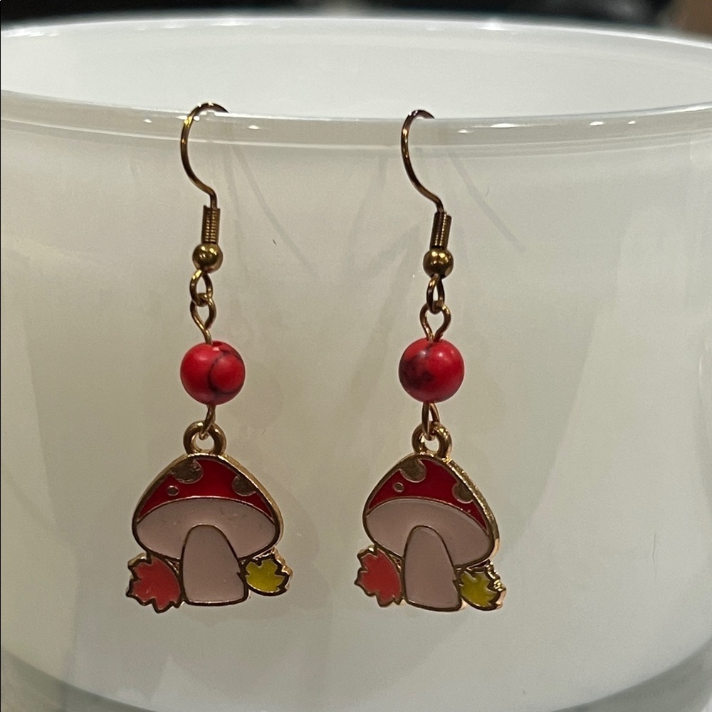 Mushroom Dangle Earrings with Red Beads